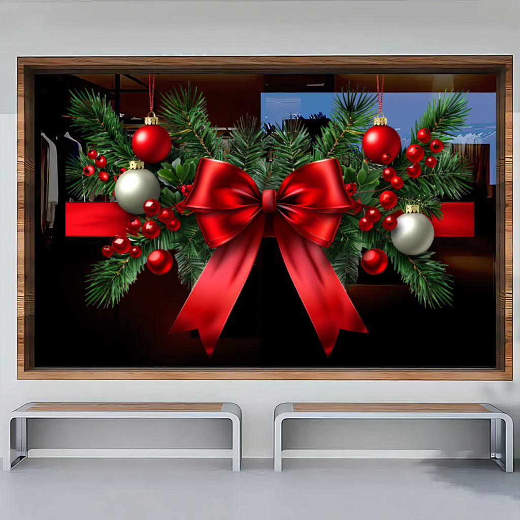 TEMU 1pc Of Elegant Red Bow And Christmas Plant-themed Static Glass Decals. Showcasing A Satin Bow, Pine Needles, And Ornament , Ideal For