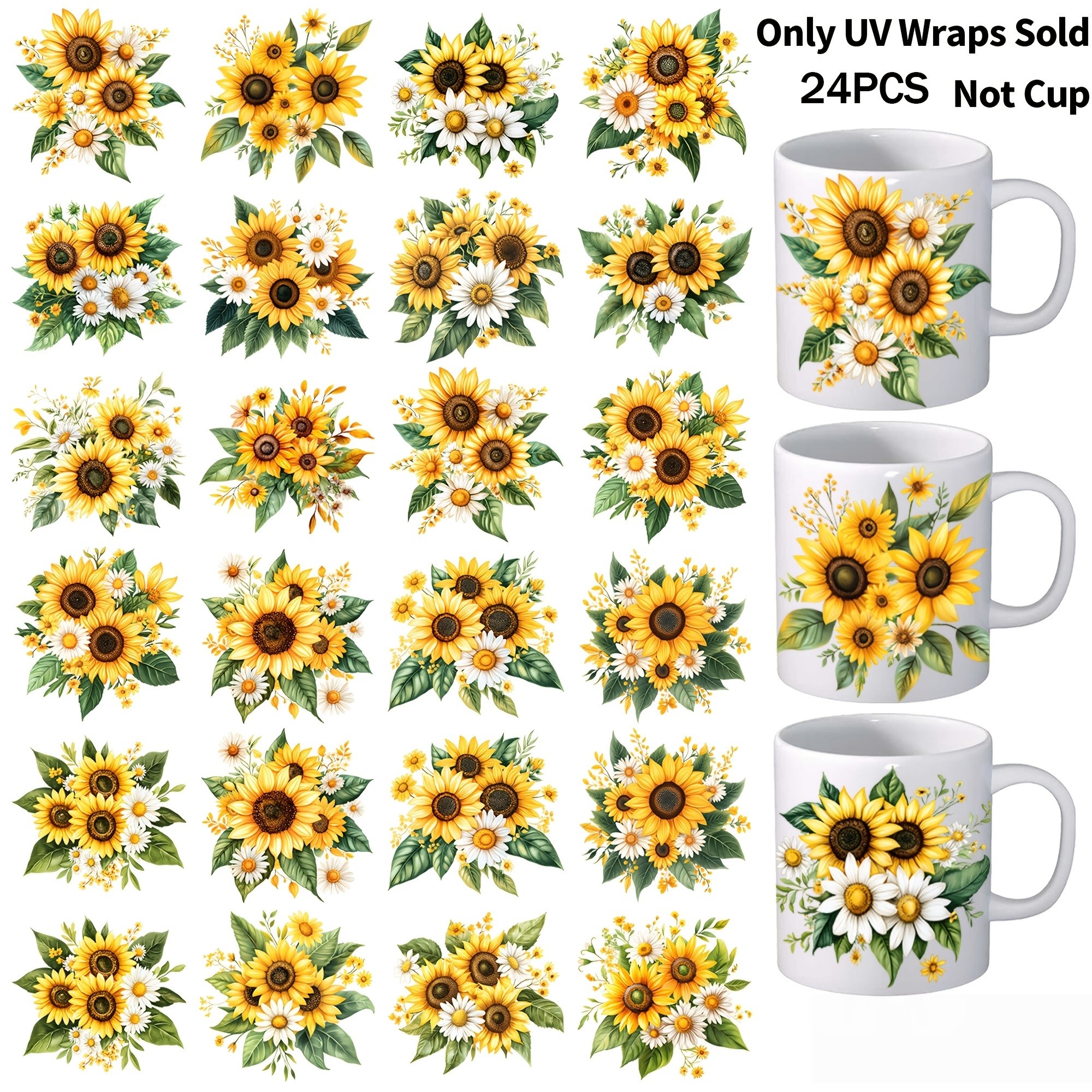 TEMU 24pcs Pack Waterproof & Scratch-resistant Vinyl Sunflower Bouquet Suitable For Decorating Cups, Bottles, Mugs, Jars - Multicolor Transfer Paper