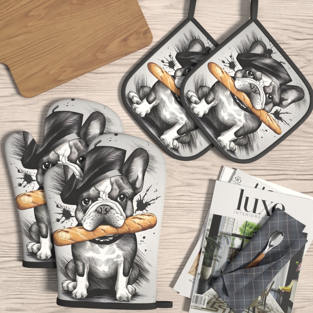 TEMU 4 stuks 10,,7 inch Franse Bulldog Ovenwanten en Pannenbeschermers met Baguette en Baret Design Geweldige Vakantie Cadeaus voor Vrienden Geschikt