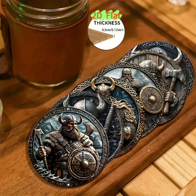 E-shop 6er-Set nordische Wikinger-Krieger-Holzuntersetzer – Runde Getränkeunterlagen im Wikinger-Stil, geeignet für Zuhause, Restaurants,
