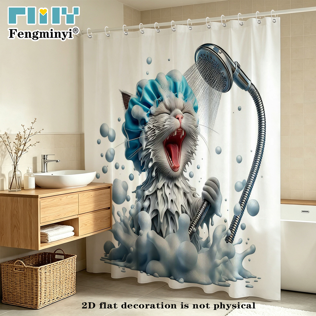 TEMU 2d Flat, 2d Curtain 1pc, Kitten Singing In The Bath Shower Curtain,, Featuring An Scene Of A Kitten Singing In The Bath, Bathroom Decorative