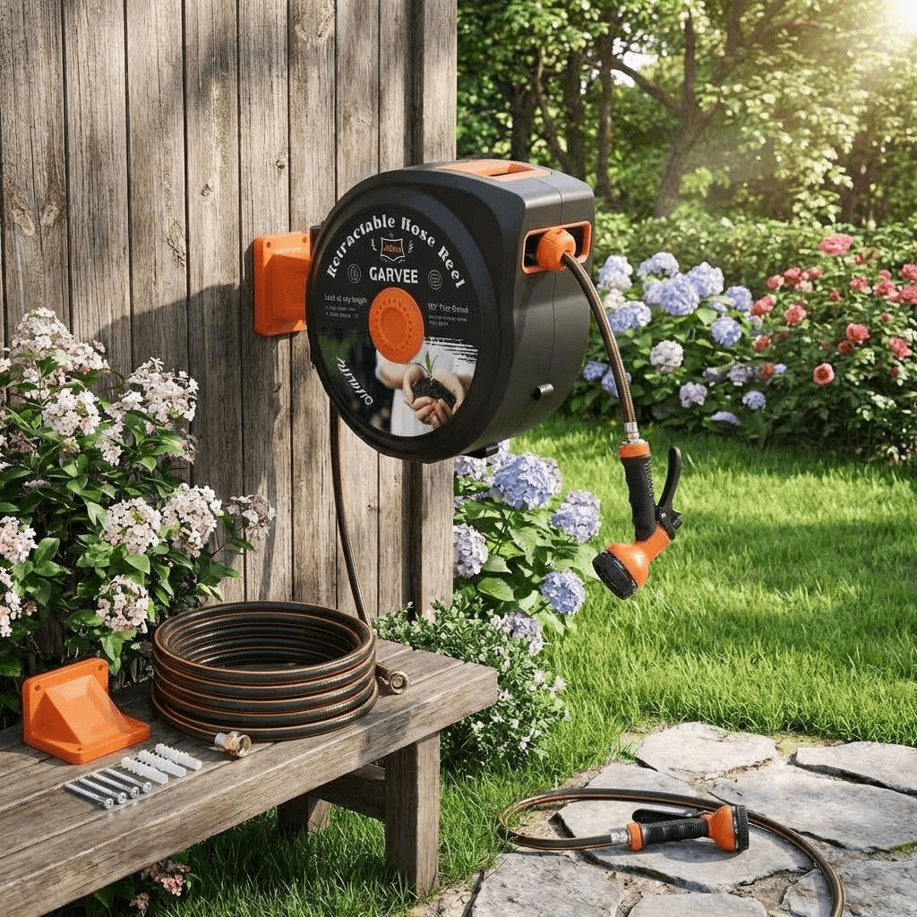 Image of Heavy Duty Retractable Garden Hose Reel 130ft, Wall Mounted, 10-function Sprayer Nozzle, Any Length Lock, Automatic , Slow Return, 180° Swivel Bracket