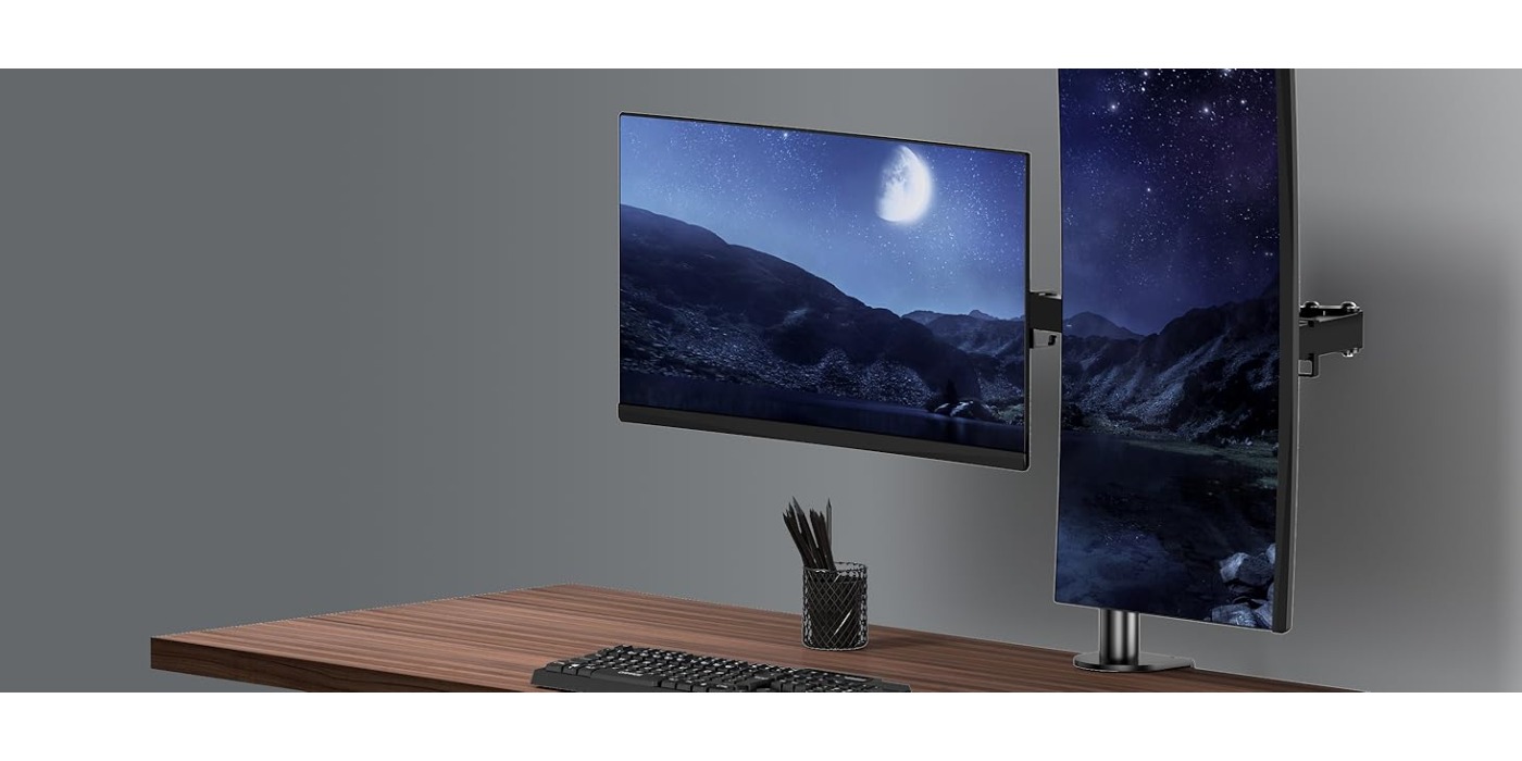 HEYMIX Dual Monitor Stand Heavy-Duty Adjustable Height Arm Mount for 2 Screens, Dual Arm Desk Mount Compatible for 17-32” LCD TVs/Laptops, Space-Saving Computer Desk Mount for Gaming Setup & Office, Height Adjustable Monitor Bracket