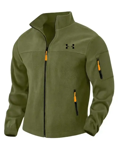 item picture mens outdoor zip up jacket with chest brand logo print stand up collar windproof fit multi zip pocket casual warm top