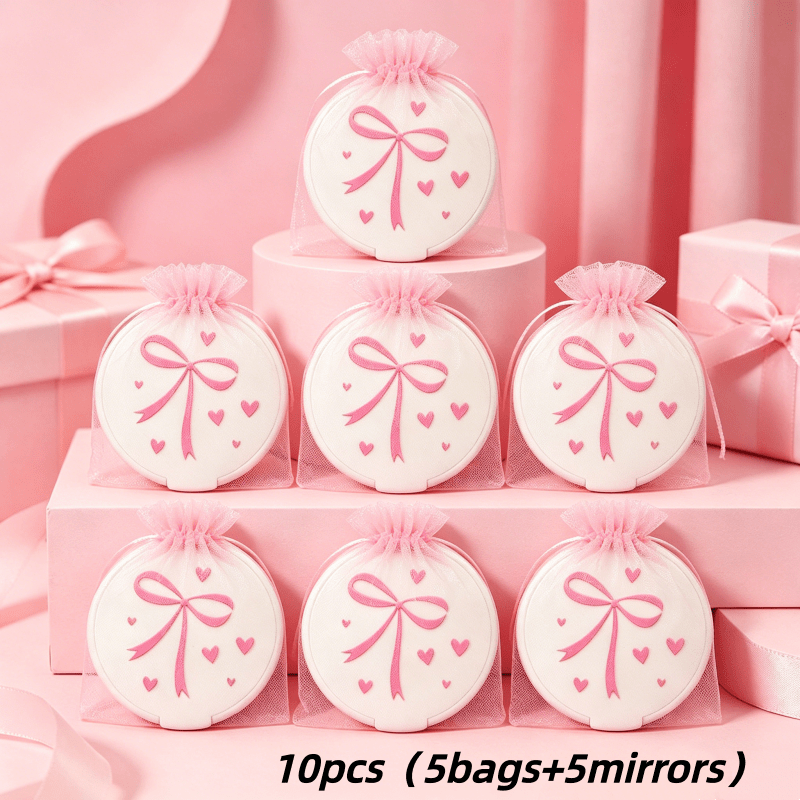 Image of 10pcs Pink Bow And Hearts Mini Pocket Mirrors With Bags, Compact Round Folding Makeup Mirror, Korean Style Vanity Accessory With Bags, Ideal As Party Favors Or Bridal Shower Gifts