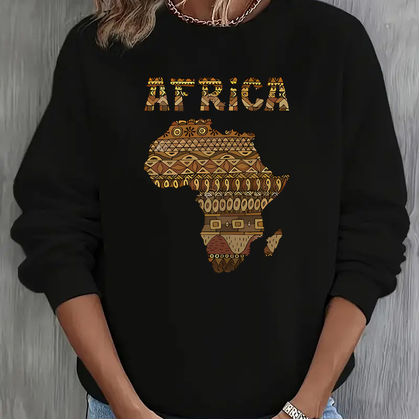 

1pc Sweat-shirt doublé en à imprimé tribal africain pour femme, tissu en de polyester, col rond, manches longues, pull décontracté, léger stretch, style mature, confort toutes