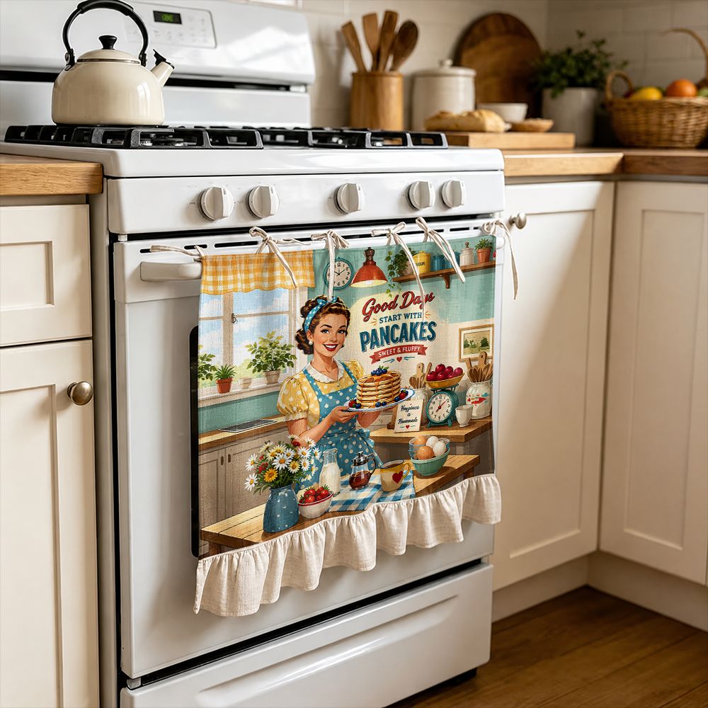 TEMU Rideau décoratif multifonctionnel 2D à motif de chef pancake rétro vintage, convient rideau de cuisine jupe, couvre-four, pour lave-linge,