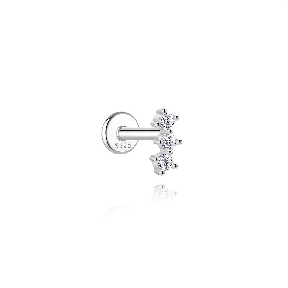 TEMU 2d Flat, 0.23g 1pc Women's S925 Sterling Silver 3 Round 3 Stone Linear Flat Back Cartilage Stud, Minimalist Tragus Piercing Earring,