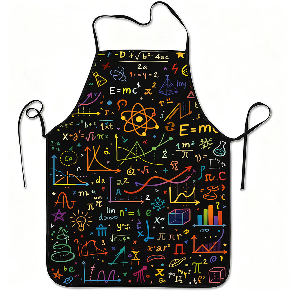 TEMU 1pc Colorful Science Formula Math Symbol Print Apron, Durable And Easy To Clean, Adjustable Waistband, Polyester Material, For Kitchen Cooking,