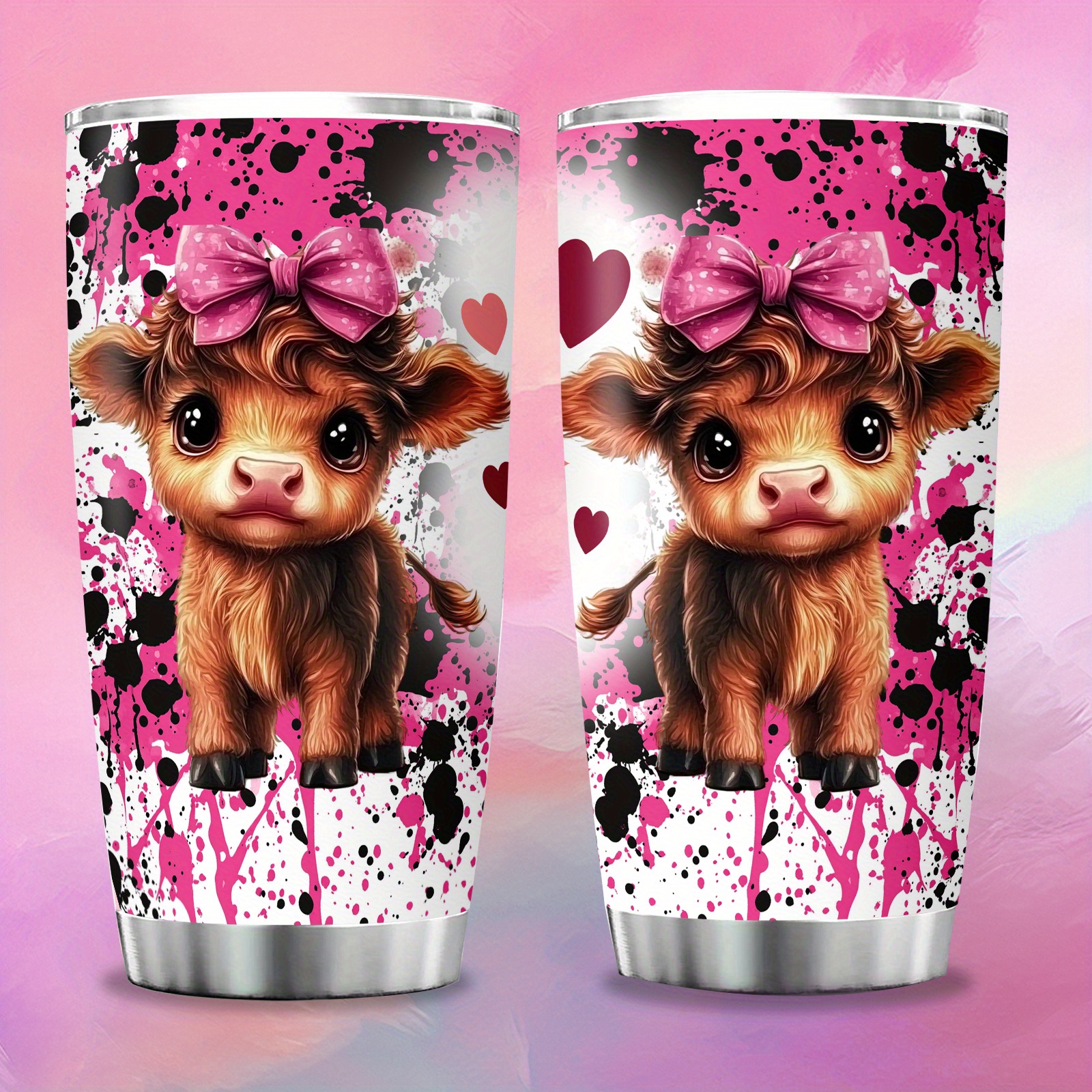 TEMU 1pc, 20oz "pink Calf" Theme Tumbler, Large Capacity Car Cup, Double Wall Insulated Tumbler, " Animal" Theme Tumbler, Holiday Gift Tumbler,