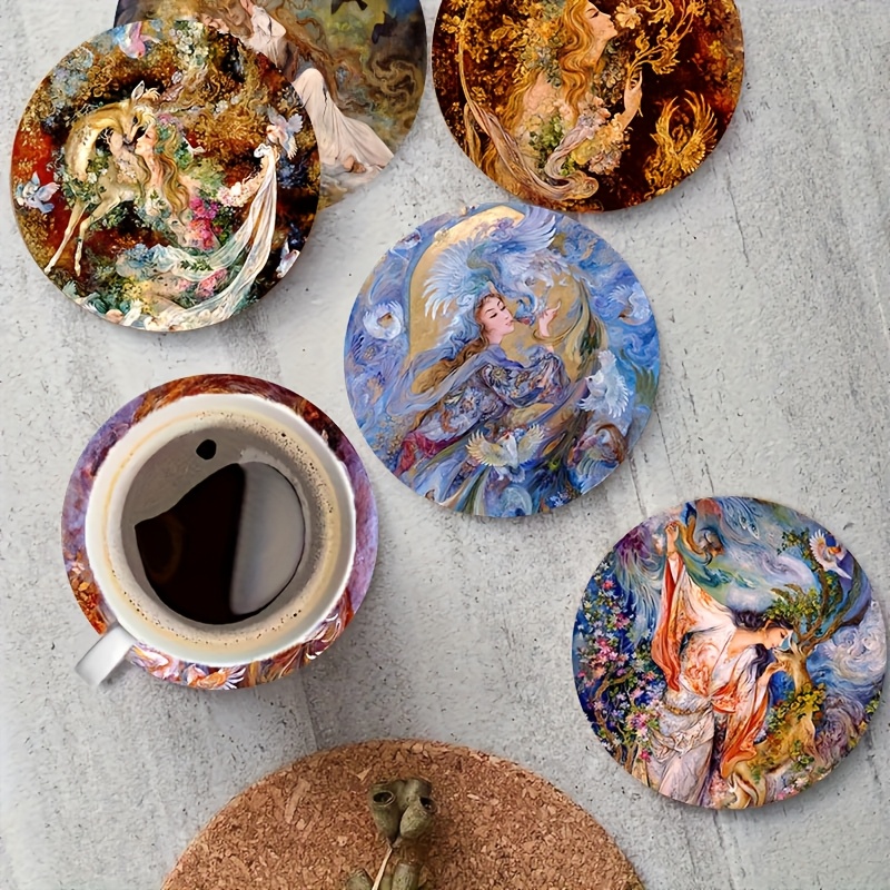 TEMU 6pcs Persian Miniature Wooden Coasters - Wood Suitable For Coffee, Wine, Tea Cups With Persian Calligraphy & Miniature Paintings - Elegant Table