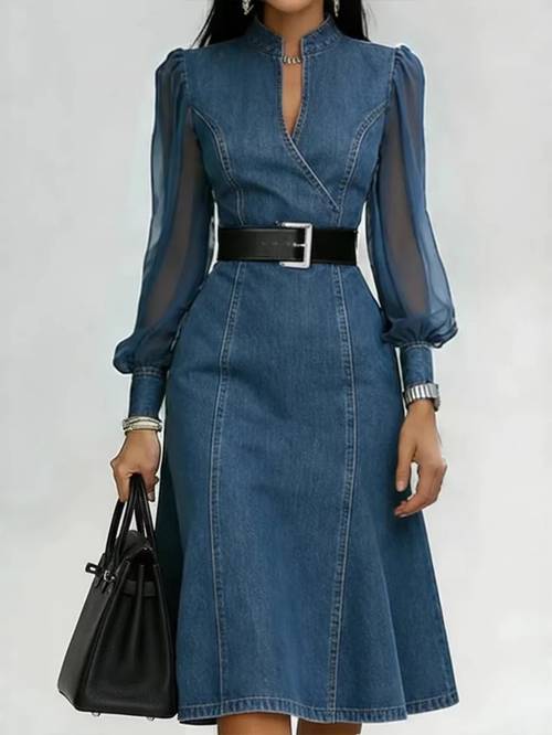 womens denim dress with mesh puff sleeves stand collar v neck a line midi elegant denim midi dress for women mesh sleeve stand collar v neck fitted a line dress for office