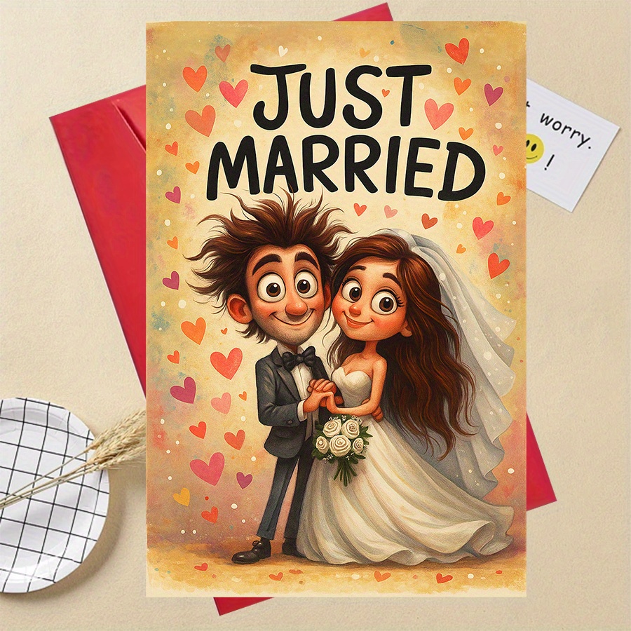 TEMU 1 Stück Niedliche "Just Married" Hochzeitskarte – für Frischvermählte oder Hochzeitsgäste zur Feier der Ehe Liebe – Besonderes Geschenk für