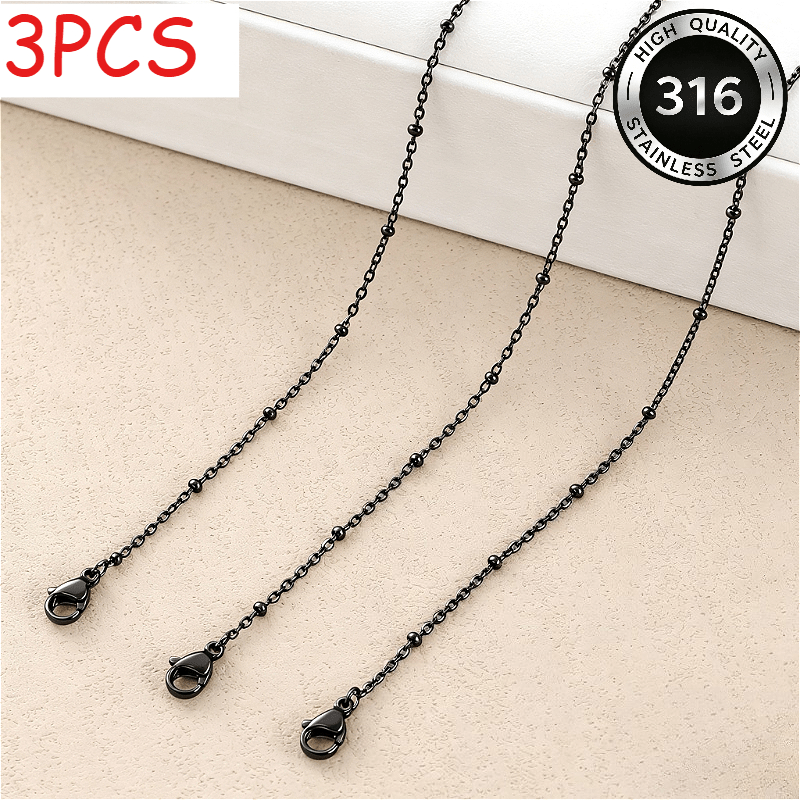 3pc Black Bead O-Chain Necklace Set, Stainless Steel