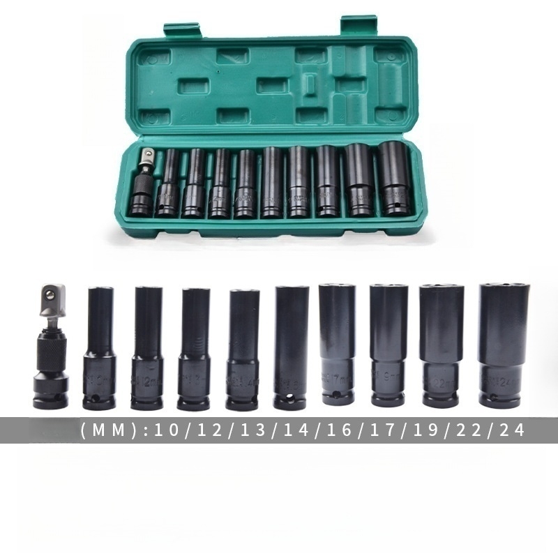 11pcs 1/2 Inch Impact Wrench Socket Set+ Adapter- Carbon Steel, 10-24mm Hex Tool For Auto Repair Including Portable Storage Box