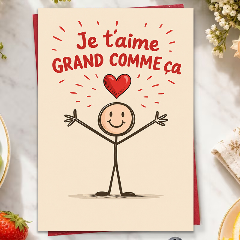 TEMU 1 Carte de vœux française "Je T'aime Grand Ça" avec un joli motif d'une petite silhouette et un cœur rouge, pour son à son et sa famille. Livrée