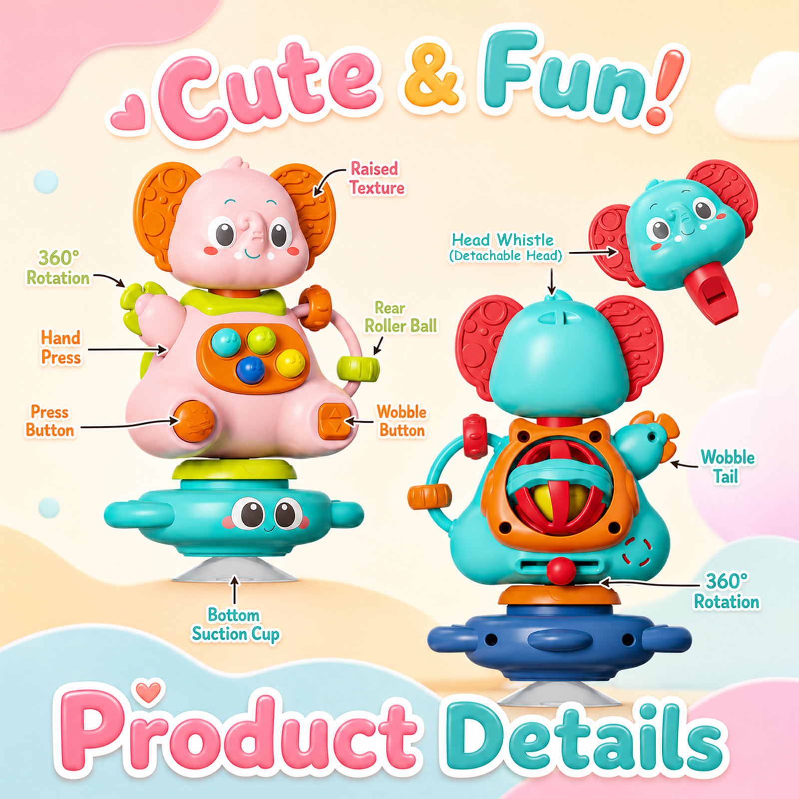 Multi-functional Elephant Suction Cup Toy with Whistle Function