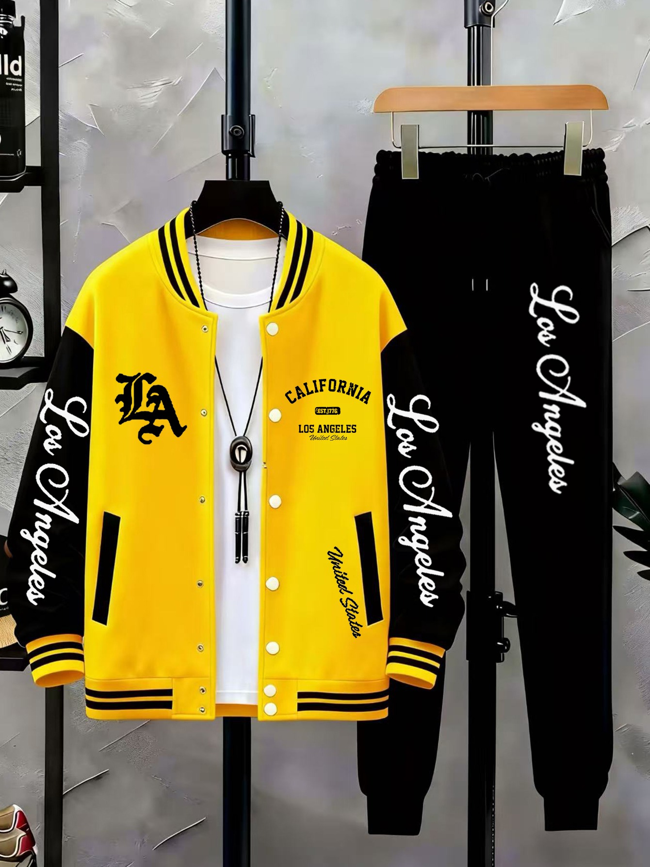 A Stylish Two-Piece Set for Men Featuring a Baseball Jacket with LA Lettering Print, Capturing The Trendy Essence of Los Angeles, Paired with Casual Fashionable Long Pants. - Image 3