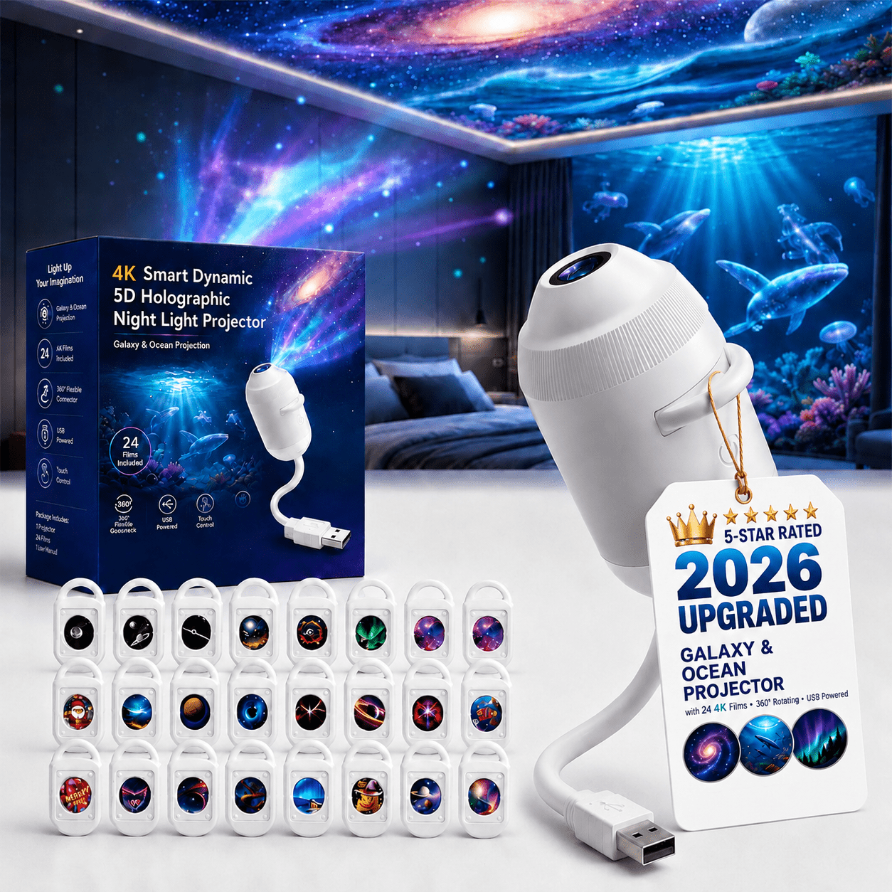 item picture hd smart 5d holographic night light projector 2 in 1   star lamp 360 rotating usb powered projector with  