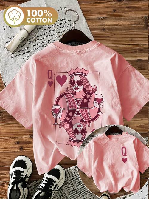 letnia, codzienna bluzka damska z dwustronnym nadrukiem, modny t-shirt z krótkim rękawem i okrągłym dekoltem w pokerowym