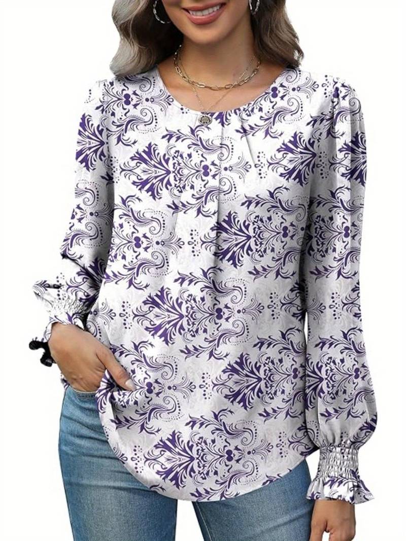 HAXMNOU Womens Blouses Casual Long Sleeve T Shirt V Neck Pleated Printed Button Top Womens Tops Long Sleeve Blue L