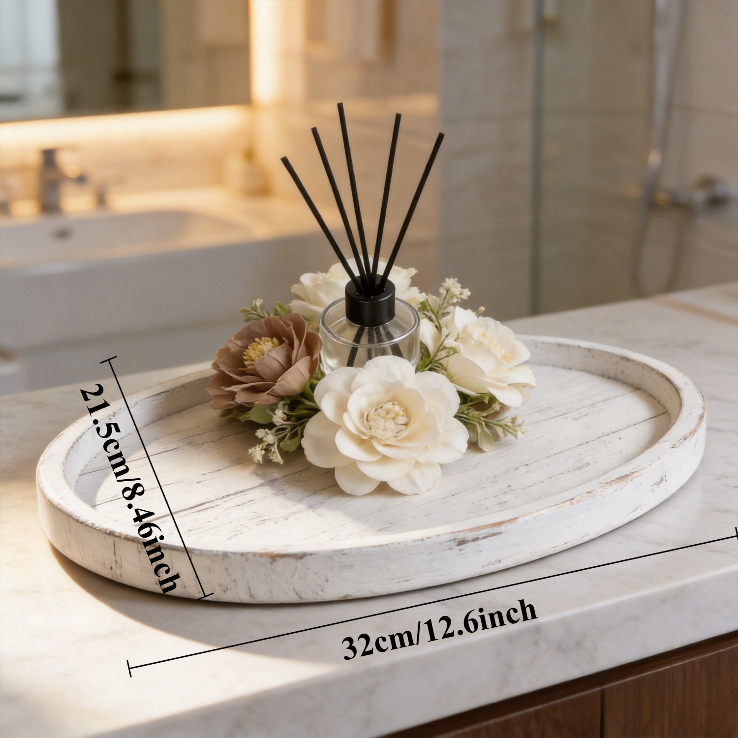 TEMU 1pc 12.6-inch Diameter Retro Distressed Oval Tray - Handcrafted Wooden Decorative Storage Plate, Suitable For Home, Office, And Gifts, Durable