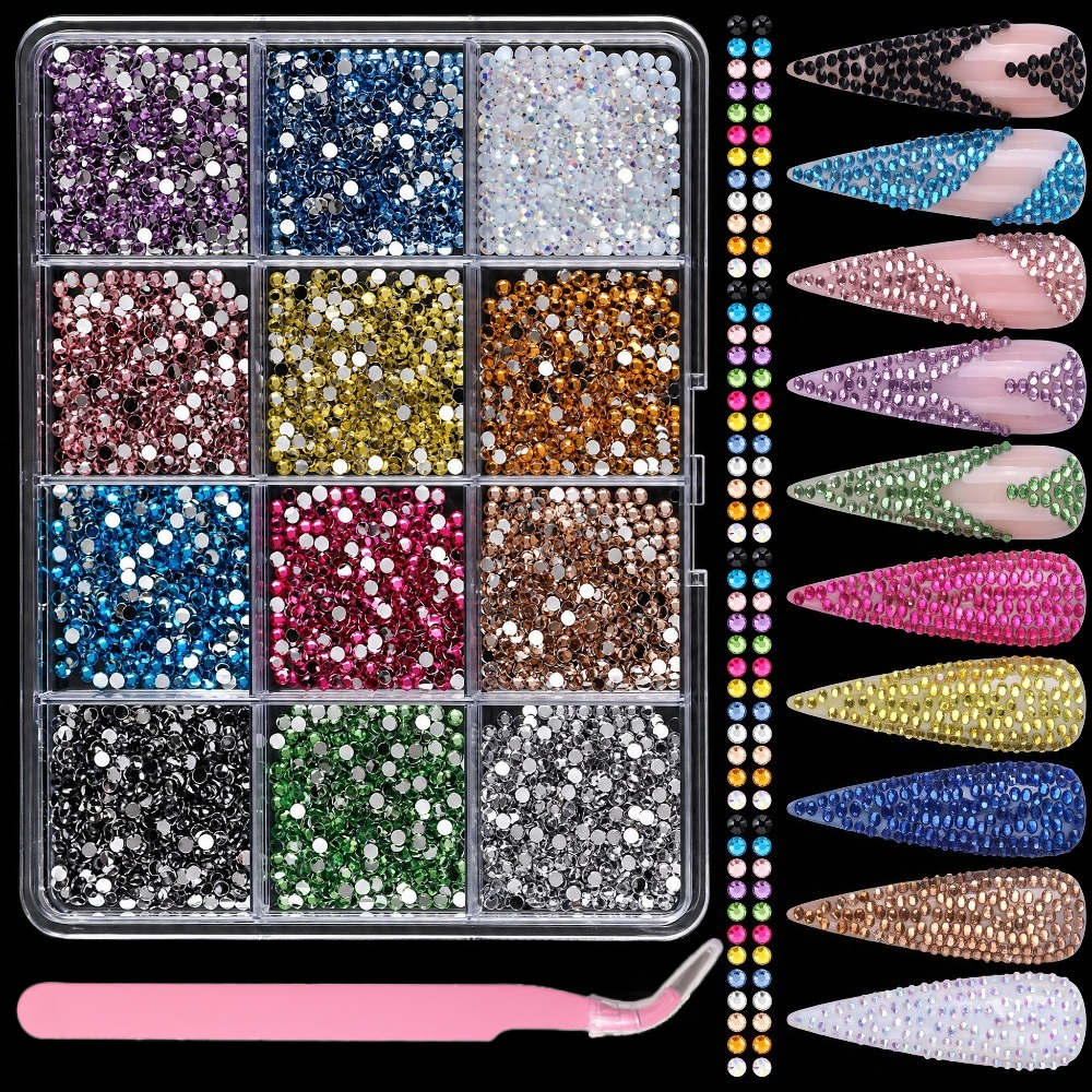 TEMU Accesorios para uñas de 12 divisiones con reverso y coloridos, con pinzas: Gemas multicolores brillantes para manualidades DIY y manicura de