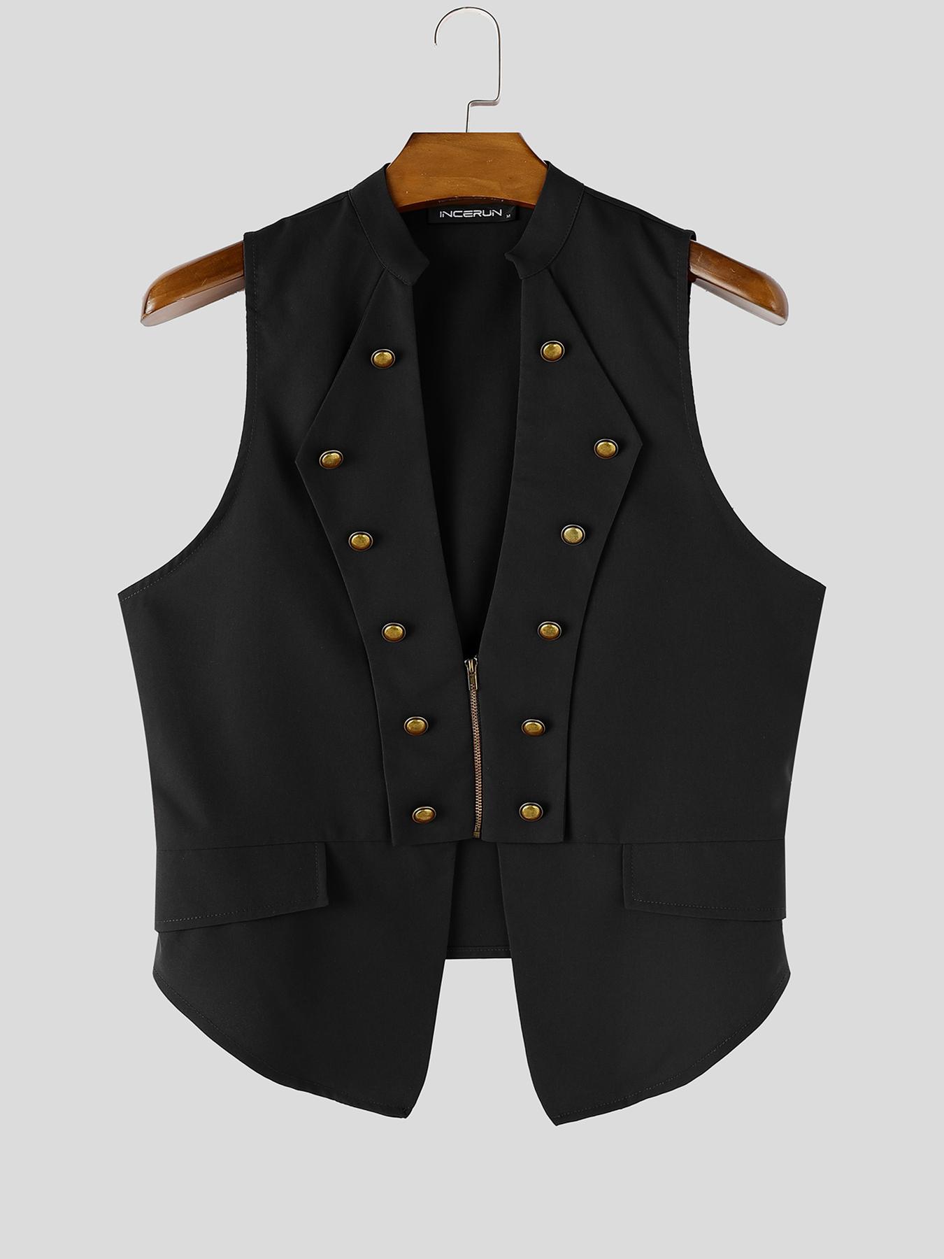 mens stylish double breasted   neck front zipper solid loose fit   retro casual vest