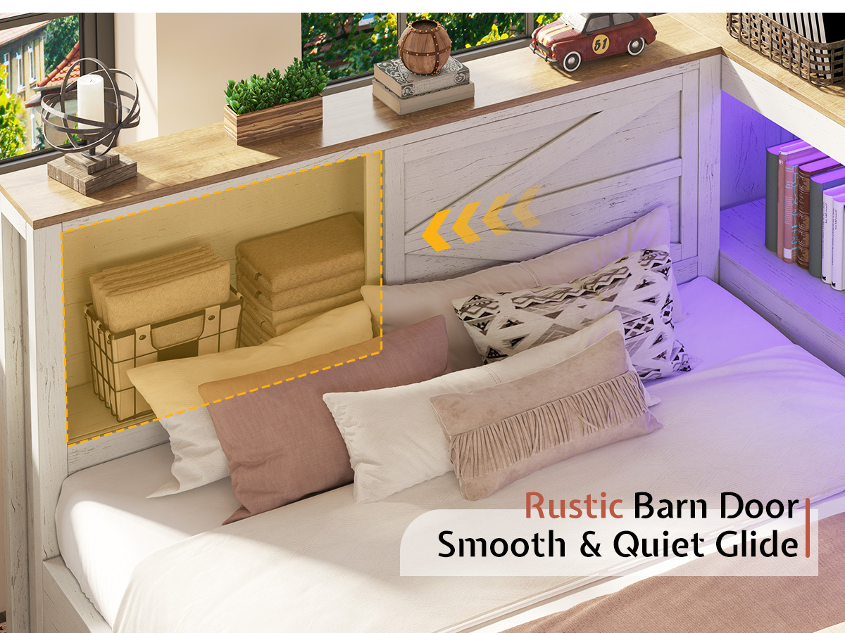 PAPAJET Storage Corner Bed Frame with Bookcase Headboard LED Lights Charging Station and Drawers Farmhouse Platform Bed for Bedroom