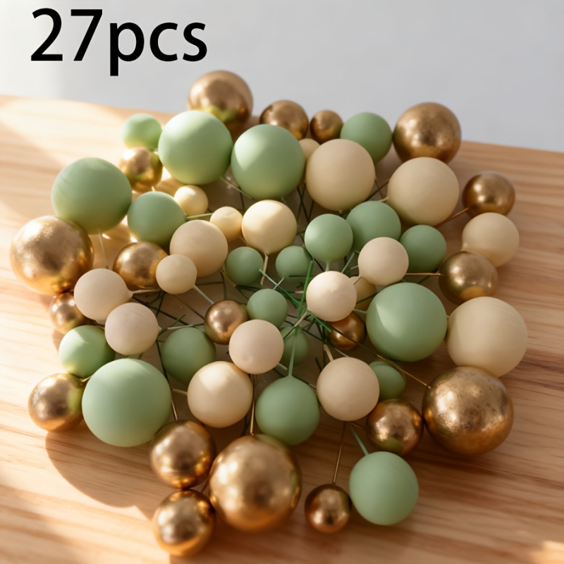 TEMU 27pcs Metallic Texture Cake Balls In Light Green, Beige, And Golden Color Combinations Enhance The Of The Dessert Table Decoration. Suitable For