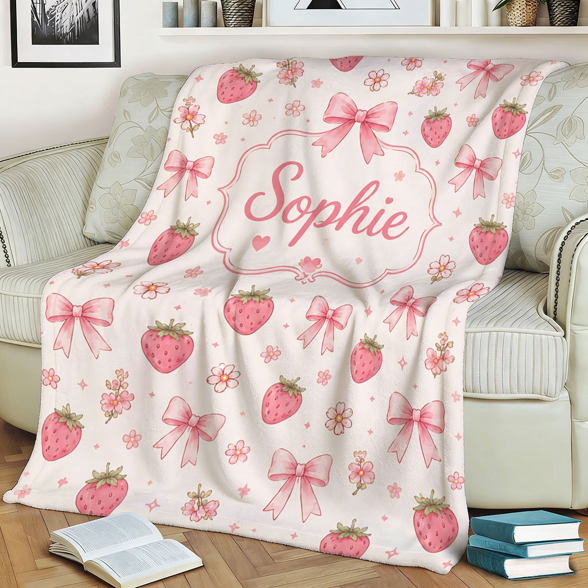 Custom Name Pink Strawberry Floral Pattern Flannel Blanket