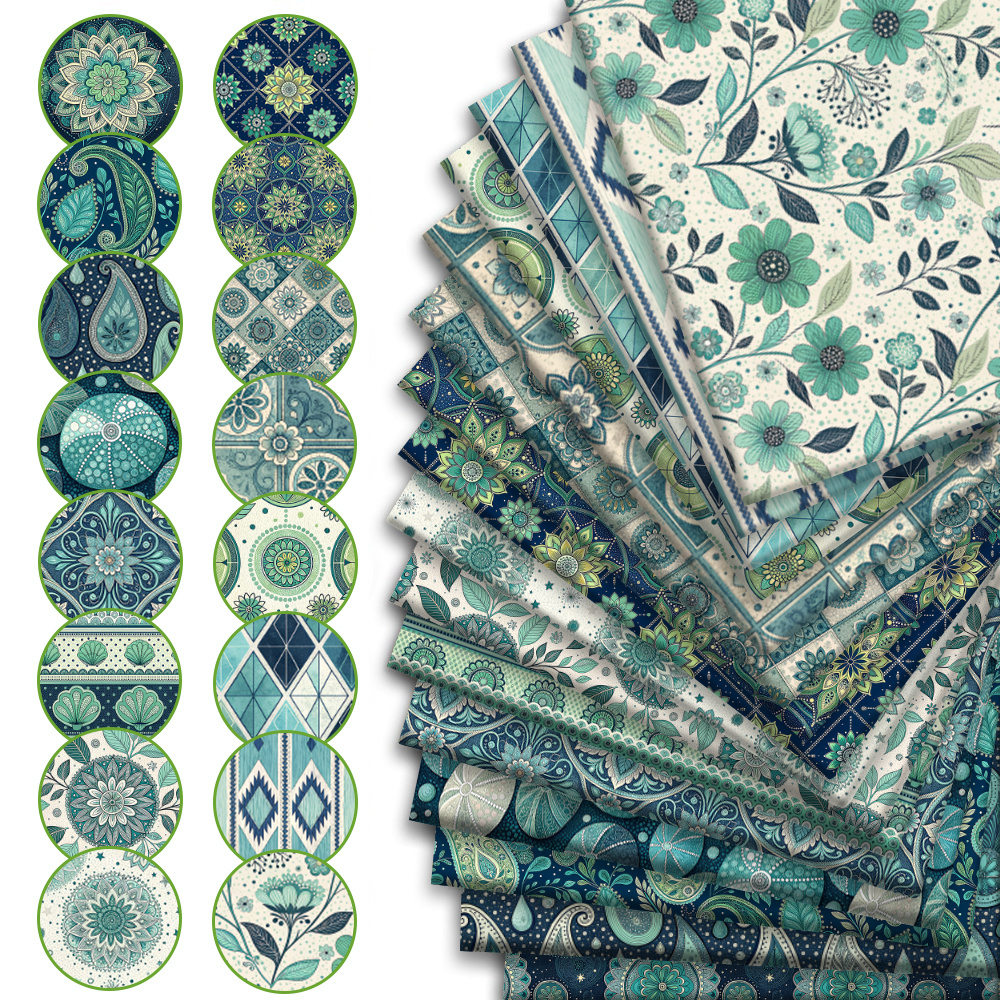TEMU 16pcs 12.5 X 25cm Small Size Style Block Set Tote Bag Sewing Material Pack Mint Green Printed Fabric Special For Hand Adult Hand Quilting
