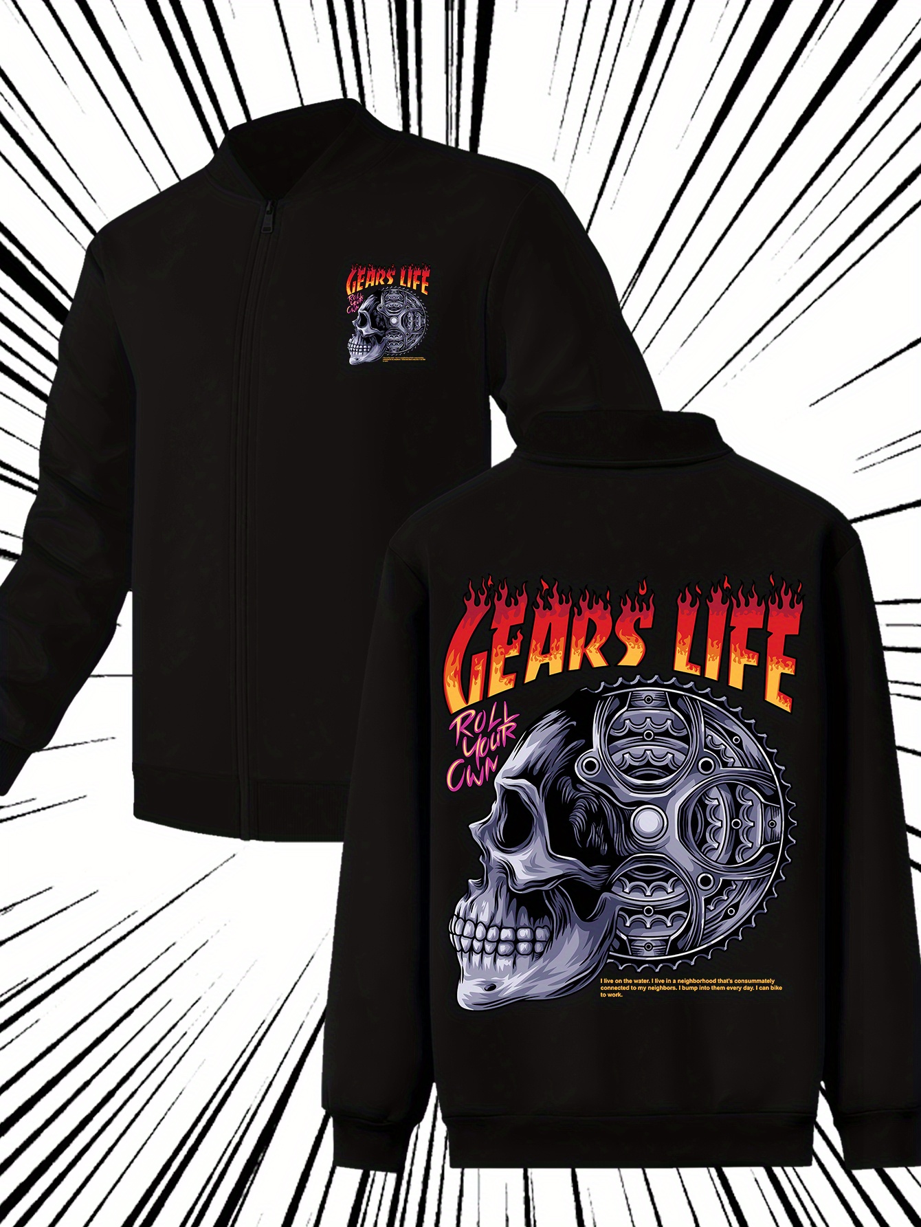 mens womens gothic japanese   gears print full zip   jacket red black full zip baseball coat with full zip closure machine washable   casual outerwear for cosplay streetwear casual attire gears life lettering skull motif unisex adult youth sizes   relaxed fit zip up jacket for men   for casual festive events black 0