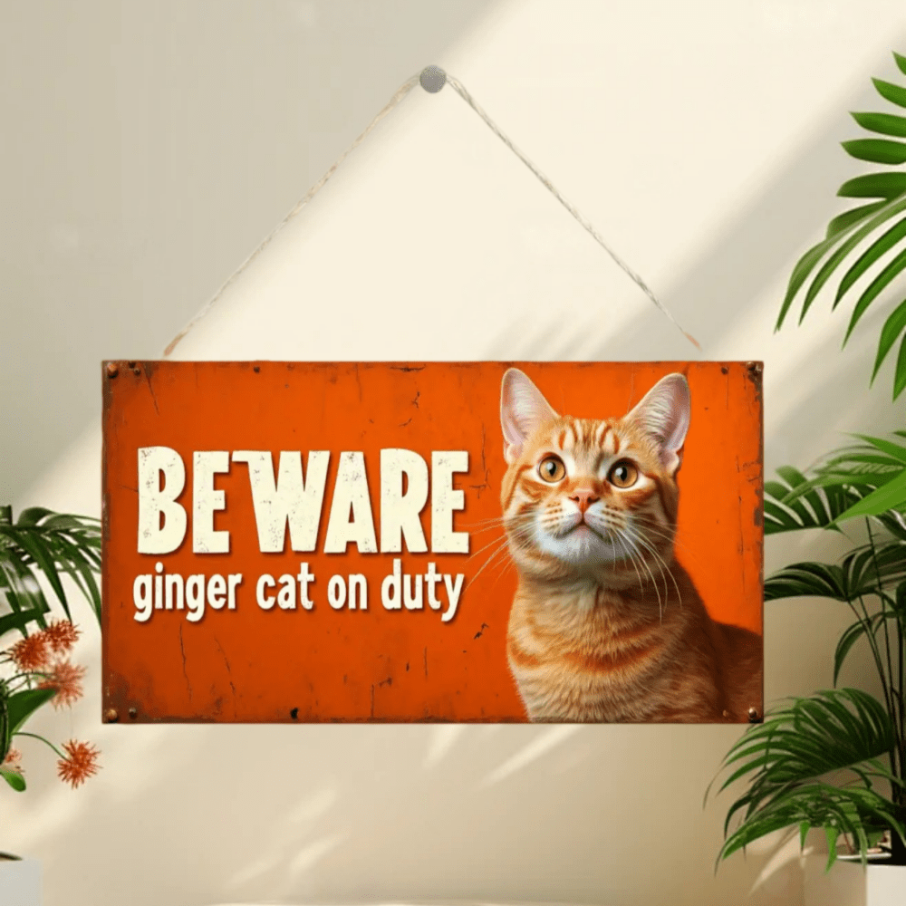 TEMU Panneau en bois de style rustique 2D plat, Chat orange, "Attention en service", Chat , Décoration murale , pour usage intérieur/extérieur, 2D