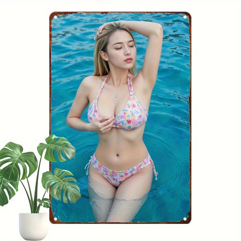 1pc anime metal poster -   poolside   wall decor - lightweight aluminum metal art print -   with corner hooks -   home, for man cave, garage, cafe - anime decoration gift for women & fans (8x12 inch / 20x30cm) - retro anime decoration 0