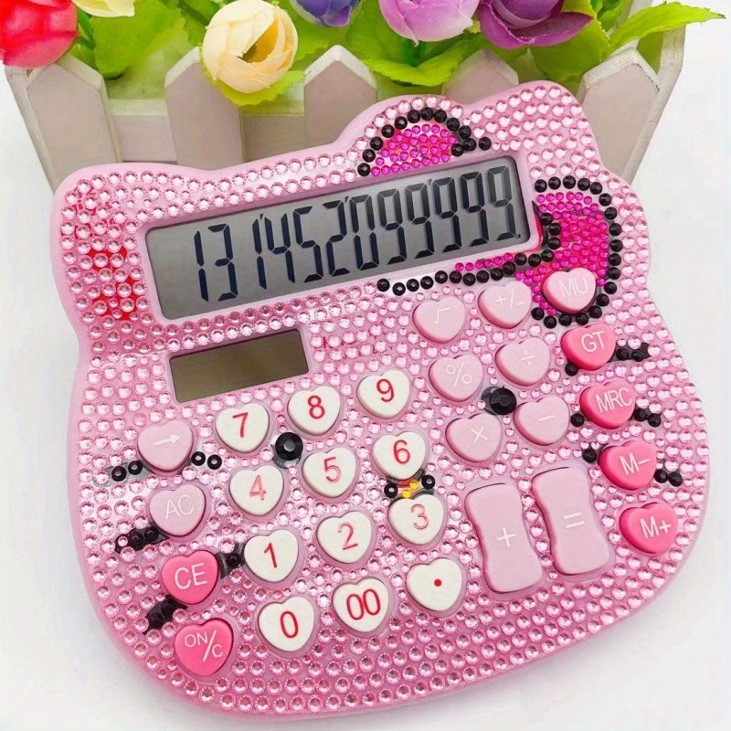 TEMU Calculator This Is A Hello Kitty Calculator Decorated With , With A Solar Bow And Heart Buttons. It Has A Cartoon Design And Is Set With