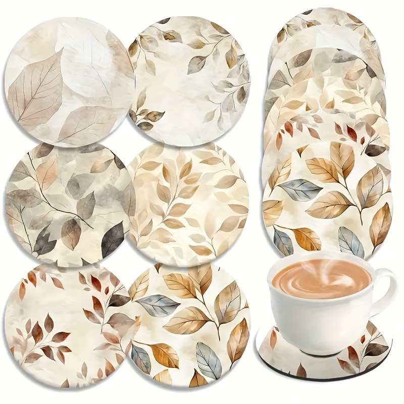 TEMU 6pcs Elegant Wooden Coasters Set - Beige And Marble Vein Vintage Greek Key/roman Numeral Patterns, Round Table Protectors, For Wine Glasses,