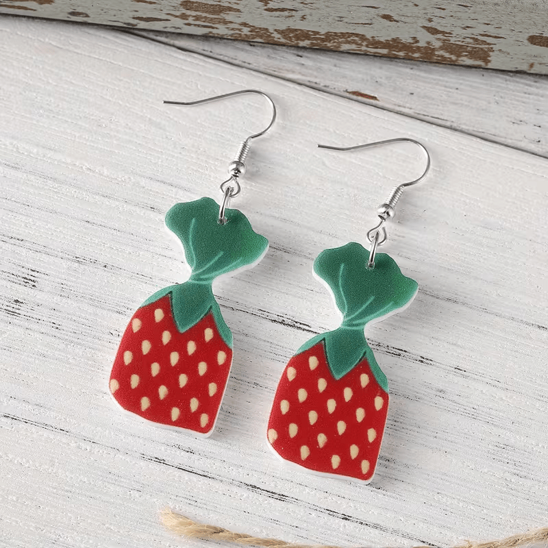 TEMU 2d Flat, 2d Creative Strawberry Packaging Bag Strawberry Acrylic Pendant Earrings Women's Spring Summer Simple Earrings Gift