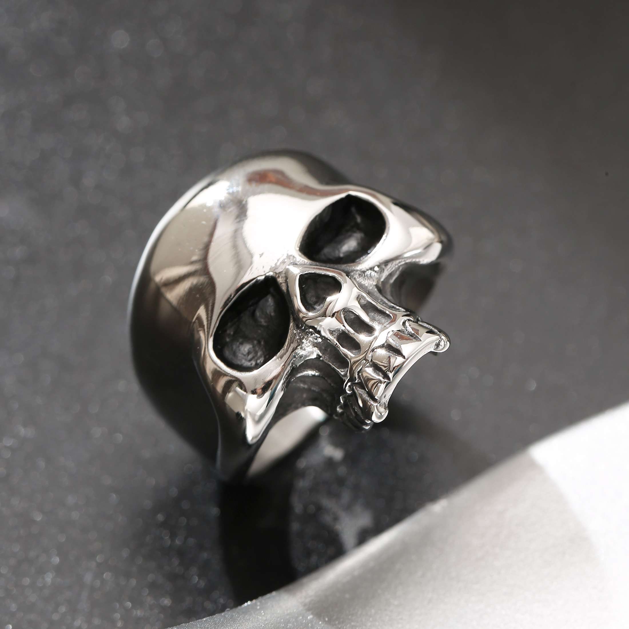 Image of Polished 304l Stainless Steel Skull Band Ring For Men, Trendy Fashion Style Wide Band, Edgy Streetwear Accessory