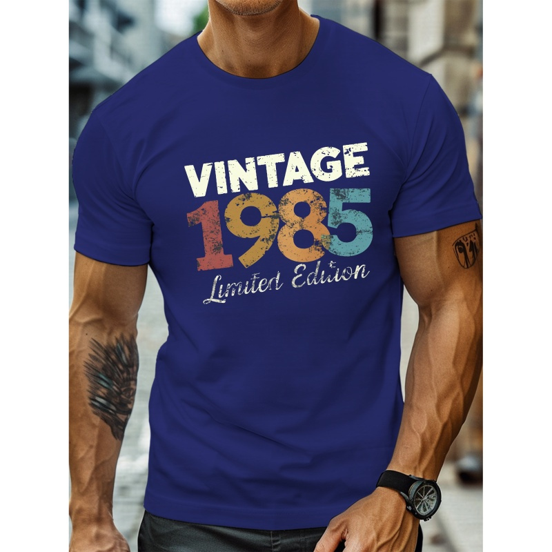 

T-shirt vintage 1985 pour hommes, col rond décontracté, manches courtes, tissu tricoté 100% polyester, légèrement extensible, coupe régulière, haut léger d'été