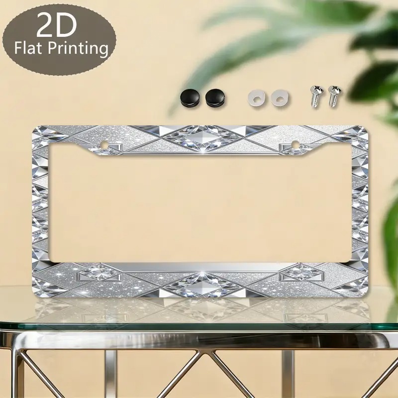 TEMU 1pc Durable Aluminum License Plate Frame 6. 3 X 12. 2 Inches Gray Background With White Pattern License Plate Frame Car Additions Vehicle