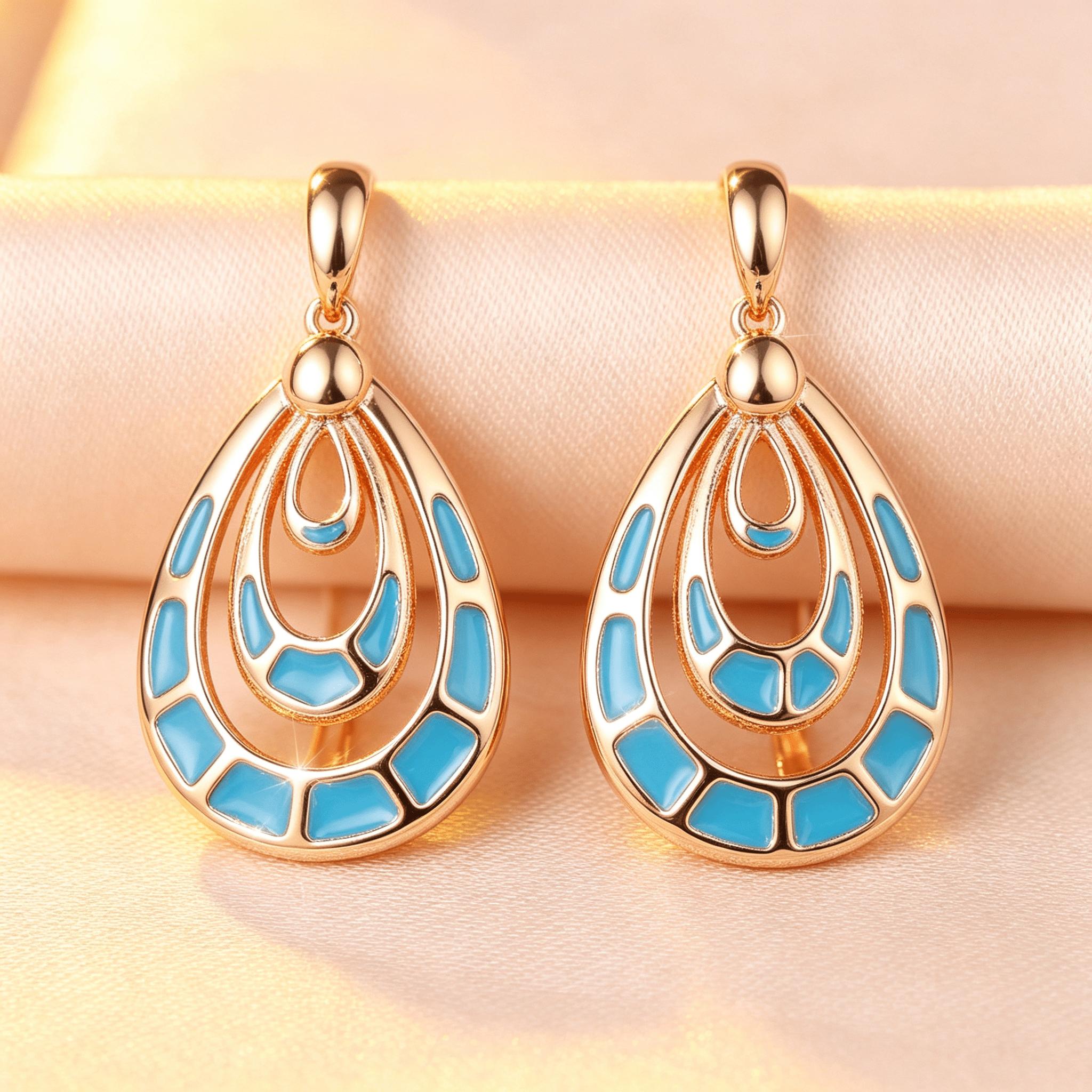Golden Multi-Layer Water Drop Hollow Synthetic Turquoise Ear Studs