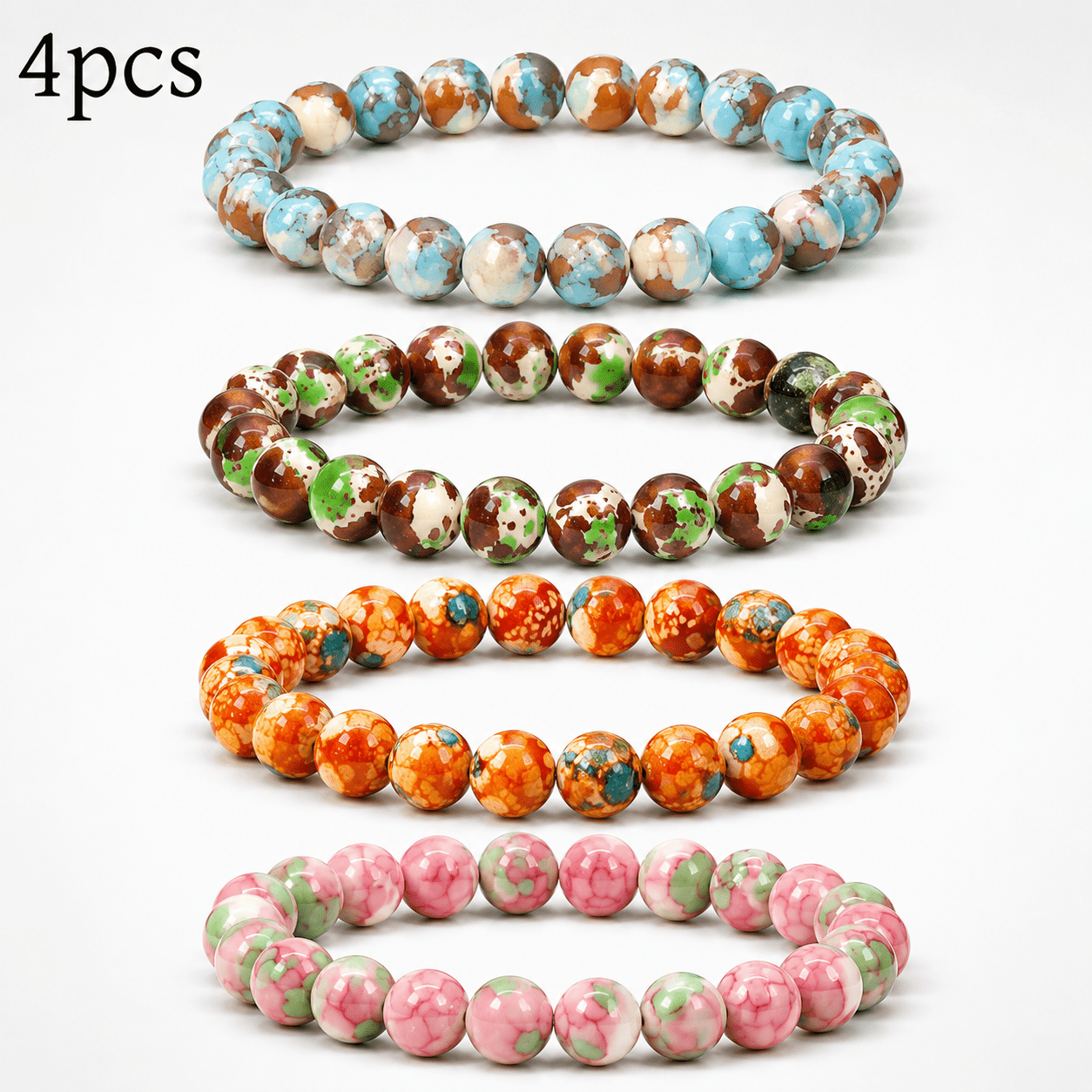 TEMU 4pcs Set Of Contrast Natural Jasper Texture Bead Bracelets Unisex Patterned Stone Bead Bracelet Set Stackable Jewelry Niche Trendy All-match