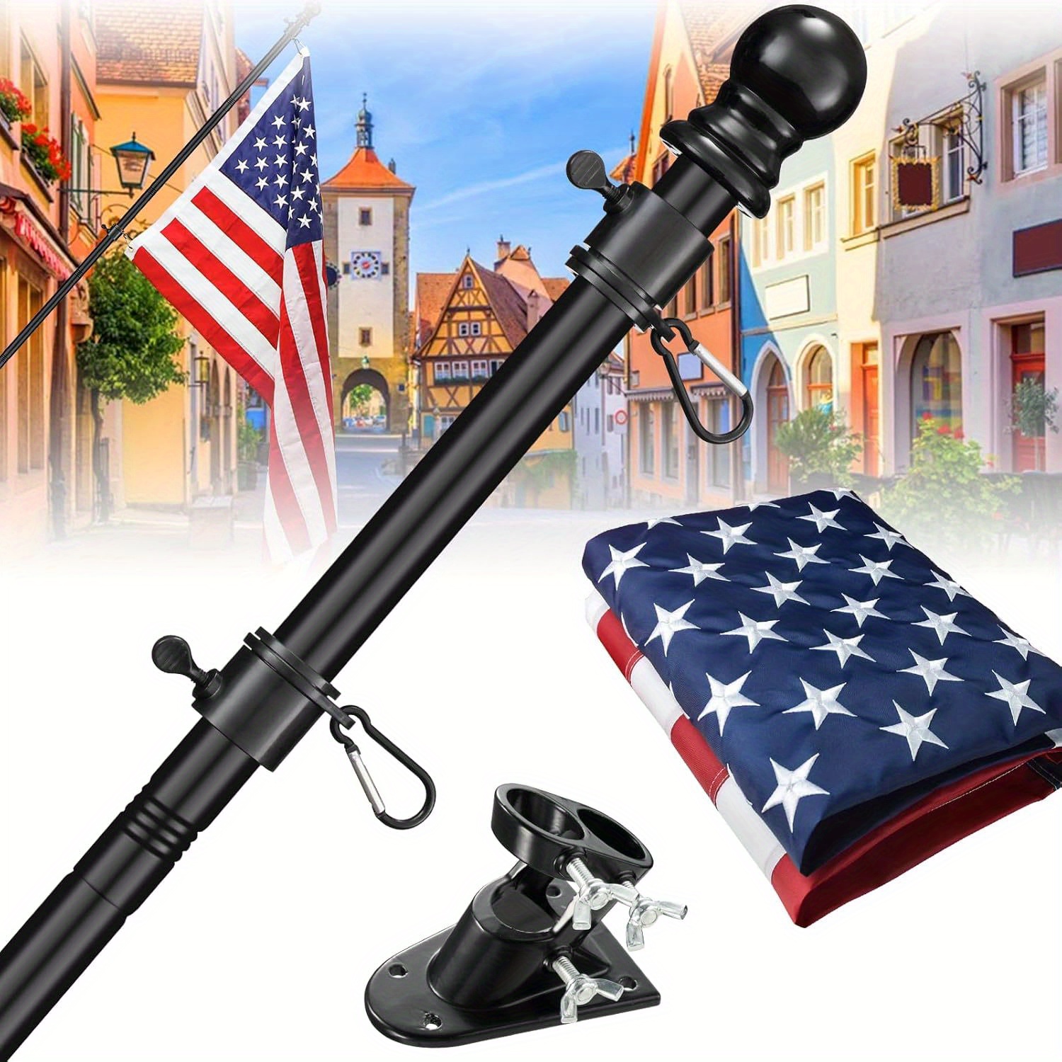 TEMU Heavy-duty Metal Flag Pole Kit With American Flag - Adjustable 5' Or 6'ft Anti- Outdoor Pole, Sturdy Bracket Suitable For Porch,, - Ideal For