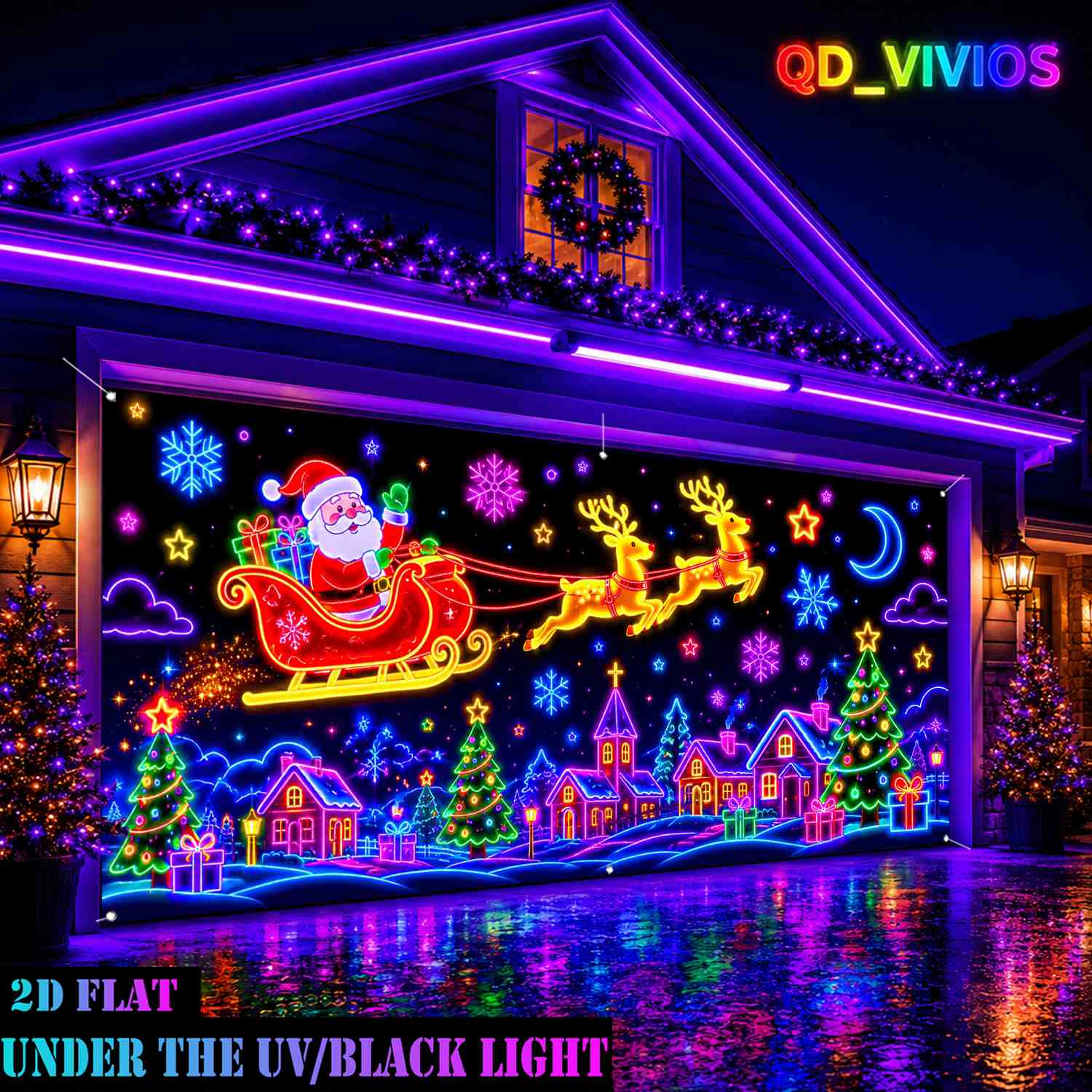 TEMU 1pc Uv-reactive Neon Glow Christmas Garage Door Banner, Indoor/outdoor Use - Uv-activated Fluorescent Material, Suitable For Courtyards, Decor,