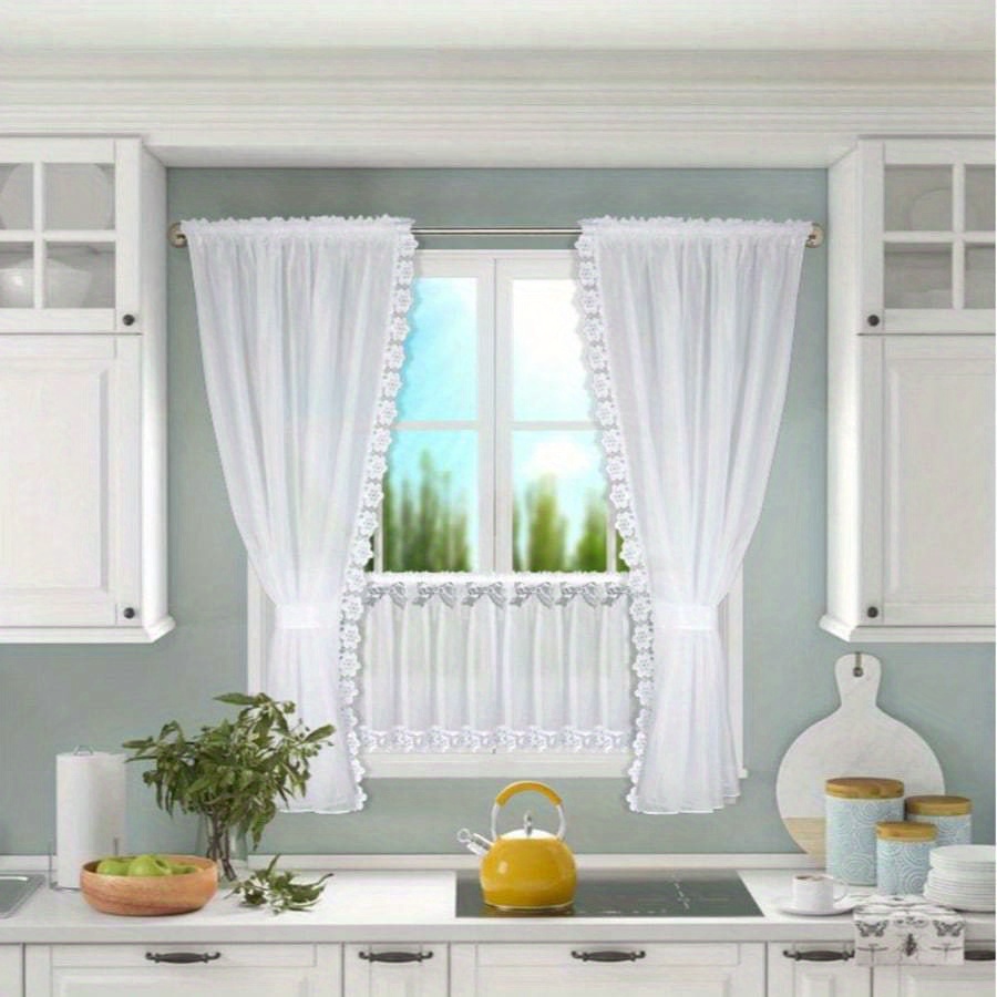 TEMU 3pcs French Pastoral -transmitting Lace Curtains, Breathable Trilon Fabric, Semi-sheer Design, 150x160cm, Perfect For Kitchens, Cafes, Living