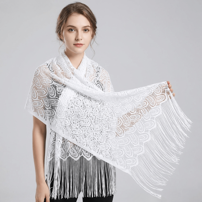 TEMU Women' Large White Lace Fringe Shawl & Church Headscarf - Vintage Embroidered Suitable For Weddings, Church Events, Daily Wear, Breathable Lace