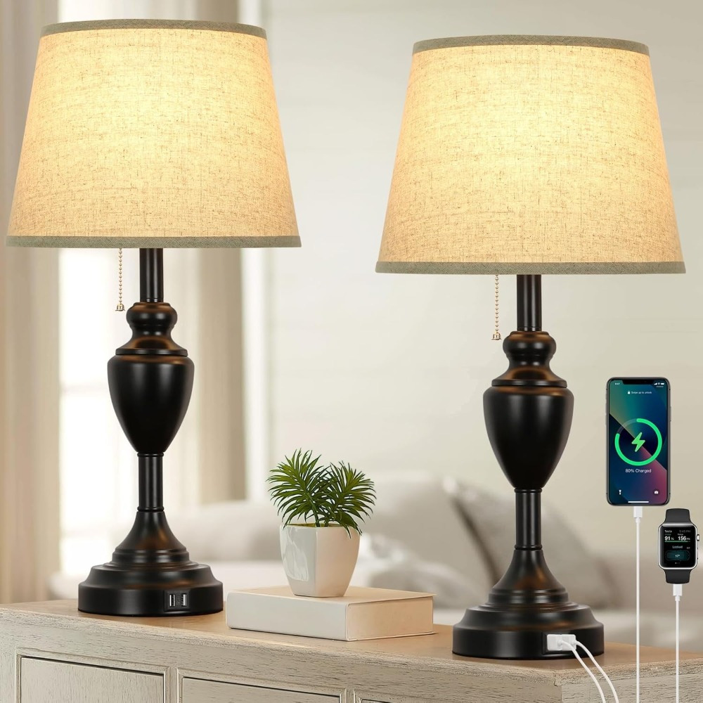 

2pcs Sucolite Rustic Table Lamps, 24in Freestanding Downlight With Fabric Shade, Dual 5v 2.1a Usb Charging , Solid Color, Pull Chain Control, 120v Us Plug For Bedroom, Living Room, Office