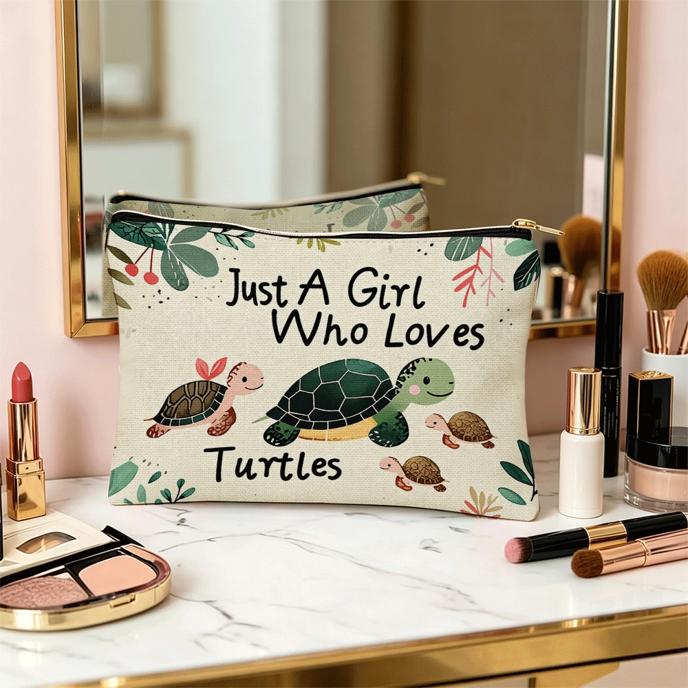 TEMU 1pc, Just A Who Turtles Linen Double-sided Printed Decorative Cosmetic Bag, Zip Closure - Lightweight And Foldable Travel Cosmetic And Toiletry