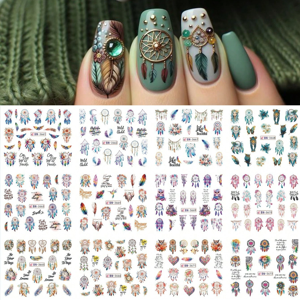 TEMU Une feuille d'autocollants pour ongles sur le thème rétro avec 12 , comprenant des hiboux, des papillons, des horloges, et plus encore, conçus